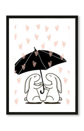 Ładny ręcznie rysowane królik w deszczu miłości. Tło dla ślubu, save datę, walentynka, etc, również zwrócić corel ilustracji wektora
