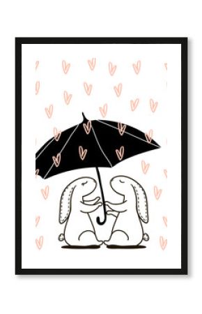 Cute hand drawn Rabbit under love rain. Background for wedding, save the date, Valentine's Day, etc. Vector Illustration