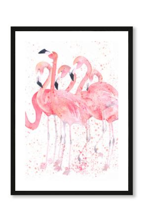 Watercolor flamingos with splash. Painting image
