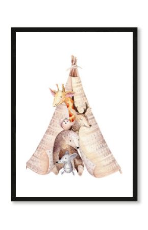 Cute baby teepee with giraffe, deer animal nursery mouse and bear isolated illustration for children. Watercolor boho forest cartoon Birthday patry invitation for nursery posters, patterns