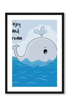 Kartkę z życzeniami z uroczym wielorybem na tle oceanu.