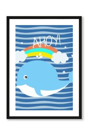 Kartkę z życzeniami z uroczym małym wielorybem na tle w niebieskie paski.