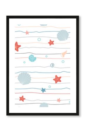 Baby seamless pattern with sea stars and shells, on white. Nursery vector background. Perfect for fabric, nursery textile.