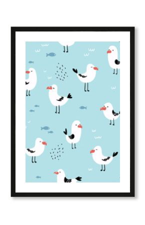 Seamless pattern with cute seagulls. Perfect for fabric, baby clothes, textile. Marine vector background.