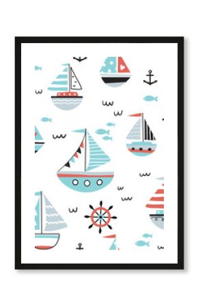 Morski wzór z żaglowców i łodzi. Idealny na tkaniny, ubrania dla dzieci, tekstylia. Morskie tło wektor.