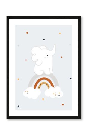 Baby shower childish print with cute baby elephant on rainbow. Hello little one. Little animal for kids. Ideal for creating posters, cards, prints, digital paper, kid clothing, nursery print, decor