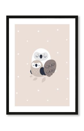 Childish print with lovely family of owl birds. Baby shower illustration. Trendy kids vector print. Ideal for creating posters, cards, prints, paper, kid clothing, nursery prints and room decor