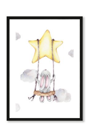 Cartoon cute bunny on the swing on the star  watercolor hand draw illustration  can be used for cards or kid posters  with white isolated background