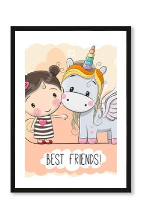 Cute Cartoon Girl and Unicorn