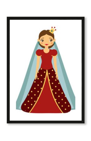 Cute kawaii fairy tale princess in red dress and crown. Girl in queen costume. Cartoon style vector illustration