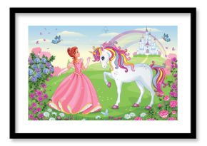 Beautiful Princess with white unicorn. Cute fairy. Fairytale background with flower meadow, castle, rainbow. Wonderland. Magical landscape. Children's cartoon illustration. Romantic story. Vector. 