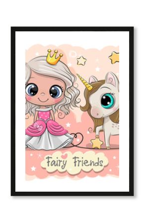 Cute Cartoon fairy tale Princess and Unicorn