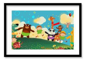 Zoos, animals, children, cartoons, cute, bears, toys, kindergartens, illustrations, pandas, play, happy, Children's Day, fun, paradise, forest, fairy tales, hand in hand, parties,