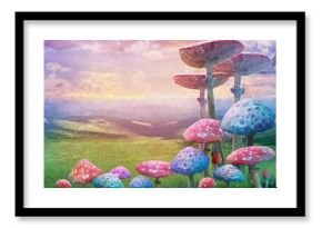 fantastic wonderland landscape with mushrooms. illustration to the fairy tale "Alice in Wonderland"