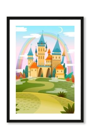 Cute cartoon castle. FairyTale cartoon castle. Fantasy fairy tale palace with rainbow. Vector illustration