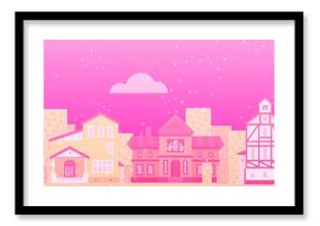 Monochrome pink cartoon fairy tale houses for Valentine Day love city vector illustration. Snow on winter fairytale houses. Background for paper, poster, textile, web design.