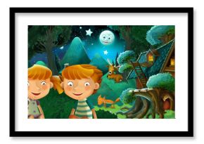 cartoon scene with pair of happy and funny kids in the forest during night resting near beautiful wooden house - illustration for children