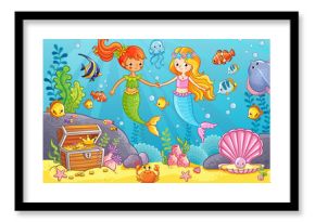 Mermaids among the fishes hold hands. Vector illustration on a sea theme in cartoon style. Picture with fish under water.