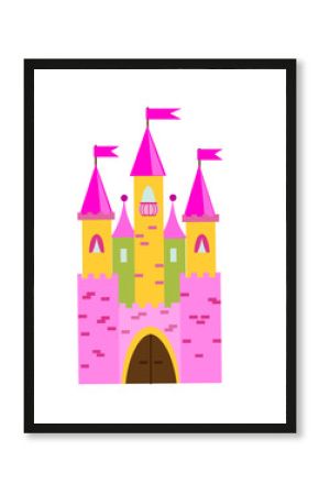 Fairy tale castle with turrets. Princess pink palace. Vector illustration for children, kids tales