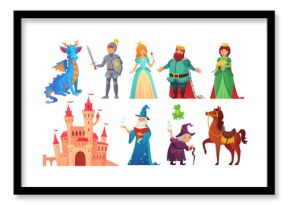 Fairy tales characters. Fantasy knight and dragon, prince and princess, magic world queen and king isolated cartoon vector set