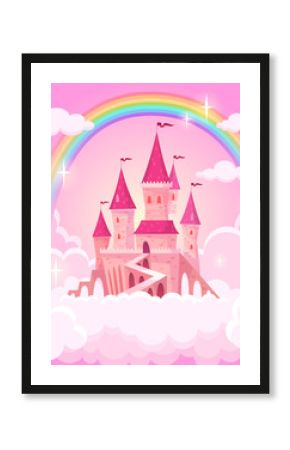 Zamek księżniczki. Fantazja latający pałac w różowych magicznych chmurach. Bajkowy królewski średniowieczny niebiański pałac. Ilustracja kreskówka wektor