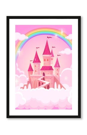 Castle of princess. Fantasy flying palace in pink magic clouds. Fairytale royal medieval heaven palace. Cartoon vector illustration