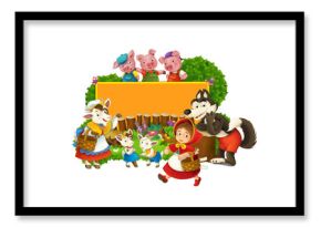 Cartoon fairy tale scene with wolf and title frame with different characters - illustration for children