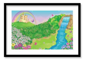 Fairytale background with flower meadow, castle, rainbow, beautiful waterfall and river. Wonderland. Cartoon illustration for children. Vector.