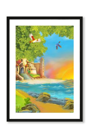 cartoon scene of beautiful castle by the beach and ocean or sea - illustration for children