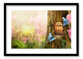 Enchanted fairy tale forest with magical shining window in hollow of fantasy pine tree elf house, blooming fabulous giant pink rose flower garden, flying magic blue peacock eye butterfly, copy space