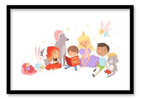 Little Boy Holding Opened Book Reading Fairy Tale with Fairy-tale Characters Sitting Behind Him Vector Illustration
