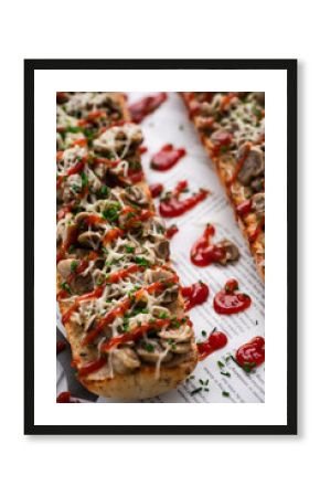 Polish Street Food Zapiekanka Baguette with Mushrooms, Onion, Cheese and Ketchup