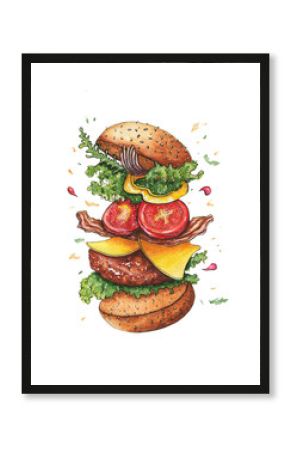 Sketch drawing of a flying burger in pieces and ingredients drawn in watercolor on paper on an isolated white background