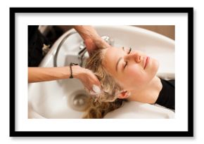 Hair stylist at work - hairdresser washing hair to the customer 