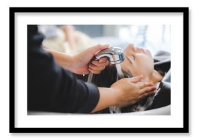 client woman clean washing a hair in salon, professional hairdresser washing haircut customer hair with water and shampoo treatment, coiffure beauty head hair care, fashion service
