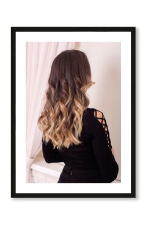 Female back with long, curly, brunette hair, in hairdressing salon