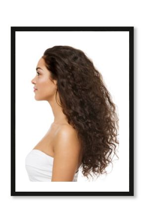 Black Curly Hair Latin Model Profile Side View Isolated White Background. Beauty Woman Afro Curls Hairstyle. Brunette Girl with Long Wavy Hair