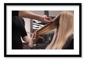 Professional hairdresser cutting woman's hair in salon, closeup