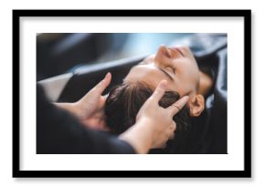 concept of professional fashion hairdresser and hair beauty salon, hairstylist making treatment to woman client person, by using scissors for haircut and coiffure care, girl style in studio lifestyle