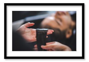 concept of professional fashion hairdresser and hair beauty salon, hairstylist making treatment to woman client person, by using scissors for haircut and coiffure care, girl style in studio lifestyle