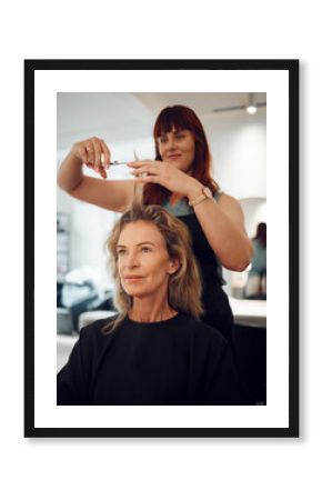 Woman, hair and salon for haircut with hairdresser for beauty, style or makeover. Customer, beautician and cosmetics for professional hair care, service or fashion in studio, spa or shop in Toronto