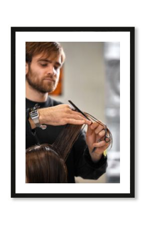 Professional male hairdresser cutting female hair in salon