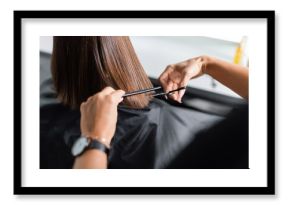 hairdo, cropped view of hairdresser cutting short brunette hair of female client, holding scissors and comb, professional, beauty worker, haircut, salon job, salon customer