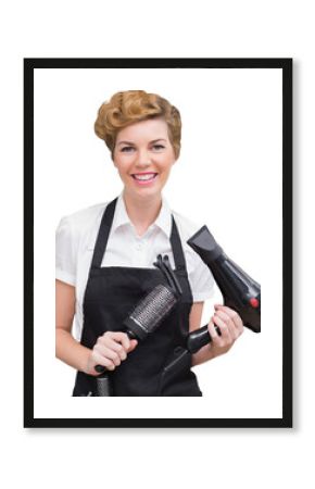 Digital png photo of smiling caucasian female hairdresser with equipment on transparent background