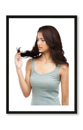 Hair care, beauty and woman with split ends for frizz, ugly and curly hairstyle for salon treatment. Upset, frustration and young female model with messy hair isolated by a transparent png background