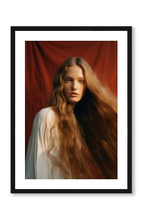 portrait of a woman/model/book character in a close up with long blonde red hair in a fashion/beauty editorial advertisement magazine style film photography look - generative ai art