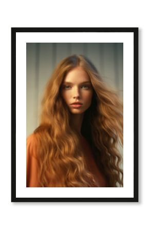 portrait of a woman/model/book character in a close up with long blonde red hair in a fashion/beauty editorial advertisement magazine style film photography look - generative ai art