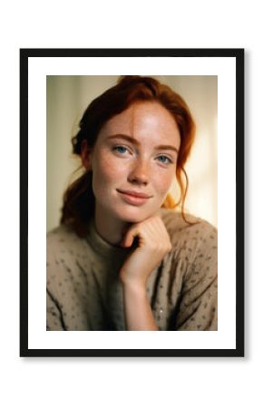 close up of a young natural smiling ginger copper redhead woman with freckles no make up / Scottish/irish pale for hair beauty magazine commercial editorial natural beauty cinematic film style