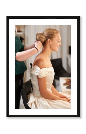 Hairdresser, wedding and woman styling for long, healthy and bridal hairstyle on a young model. Stylist, beauty and beautiful female person from Australia at salon or spa for self care treatment.