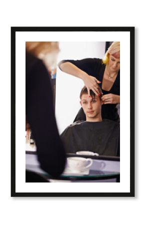 Cut, styling and man in mirror with hairdresser for professional haircare, barbershop or luxury treatment. Grooming, hair and client at salon for care, haircut and small business with expert service